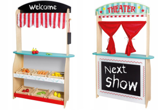 Detská pokladňa - obchod - Shop Teatr 2v1 Drevená Joueco mnoho prvkov