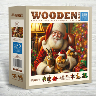 Vianočné drevené puzzle 150 dielikov Mikuláš a králiky