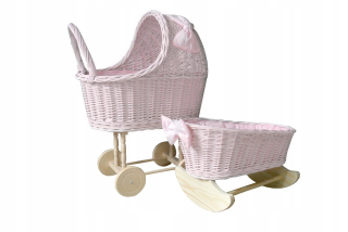 Prútený trolley + kolíska pre bábiky. Ružová farba