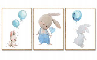 Obraz do detskej izby - Sada 3 obrázky plagáty A3 Rabbit Balloon modrá