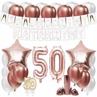 Balóny na párty - Sada 50 Birthday Balloons Rose zlata + názov 100 cm