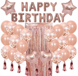 Balóny na párty - Sada Happy Birthday Rosegold záclony strapce