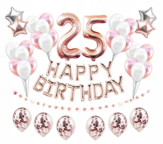 Balóny na párty - Sada balónikov 25 Happy Birthday Rosegold konfiet