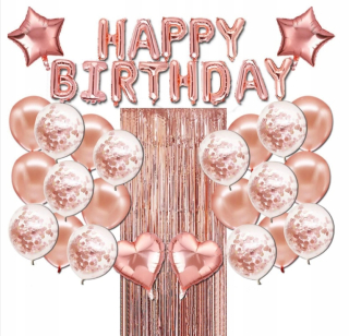 Balóny na párty - Sada Happy Birthday Balloons. Pink zlatá opona