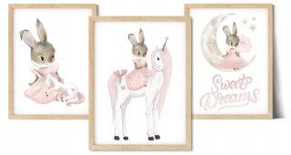 Obraz do detskej izby - Sada 3 obrázky A3 Plagáty Unicorn Bunny