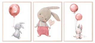 Obraz do detskej izby - Sada 3 Plagáty A4 A4 Bunny Balloons 2
