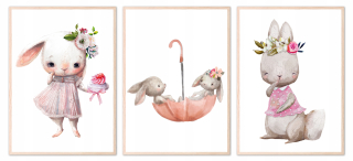 Obraz do detskej izby - Sada 3 Plagáty A4 Obrázky Pastel Bunnies