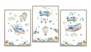 Obraz do detskej izby - Set 3 Plagáty Balóniky Lietadlá Mraky 40x50