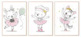 Obraz do detskej izby - Nastavte 3 Plagáty Fotografie A3 Balletnica Kotek Teddy Bear