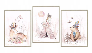 Obraz do detskej izby - Nastavte 3 Plagáty Sarenka Bear Boho Roses A3 vzory