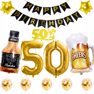 Balóny na párty - Sada 50 Birthday Balloons Black & Gold whisky