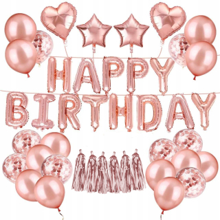 Balóny na párty - Sada Happy Birthday ružové zlato Balloons