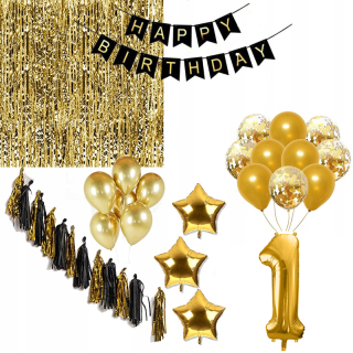 Balóny na párty - Sada Happy Birthday 1 Golden Concept Balloon