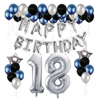 Balóny na párty - Sada Happy Birthday 18 Osemnásť Modrá