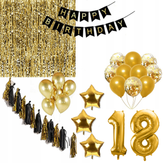 Balóny na párty - Sada Happy Birthday 18 zlato opona osemnásť