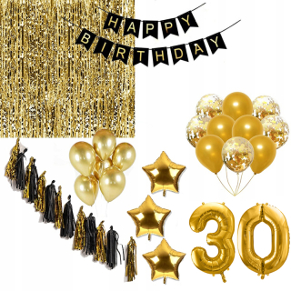 Balóny na párty - Sada Happy Birthday 30 zlatá opona osemnásť