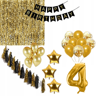 Balóny na párty - Sada Happy Birthday 4 Gold Four Curtain Balloon