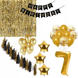 Balóny na párty - Sada Happy Birthday 7 Gold Seven Balloon Curtain