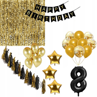 Balóny na párty - Set HAPPY BIRTHDAY 8 BLACK závesových balónov