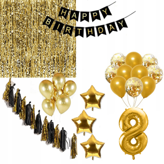 Balóny na párty - Set HAPPY BIRTHDAY 8 GOLDEN osem záclonových balónov