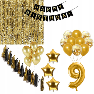 Balóny na párty - HAPPY BIRTHDAY Kit 9 ZLATÝ čierny balónový záves