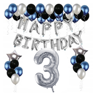 Balóny na párty - Sada Happy Birthday 3 balóniky tromi modrými