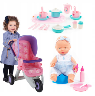 Detská kuchynka - 35 cm bábika + bábika kočík + riadu