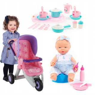 Detská kuchynka - Sada 35 cm bábika s vozíkom + varenie