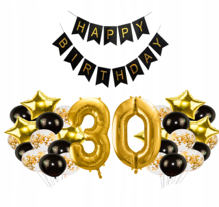 Balóny na párty - Nastavená na 30 Birthday Balloons Black Golden Birthday