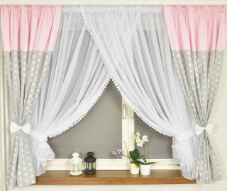 Záclony do detskej izby - Opona set + firana Woal s pompoms 400x160cm