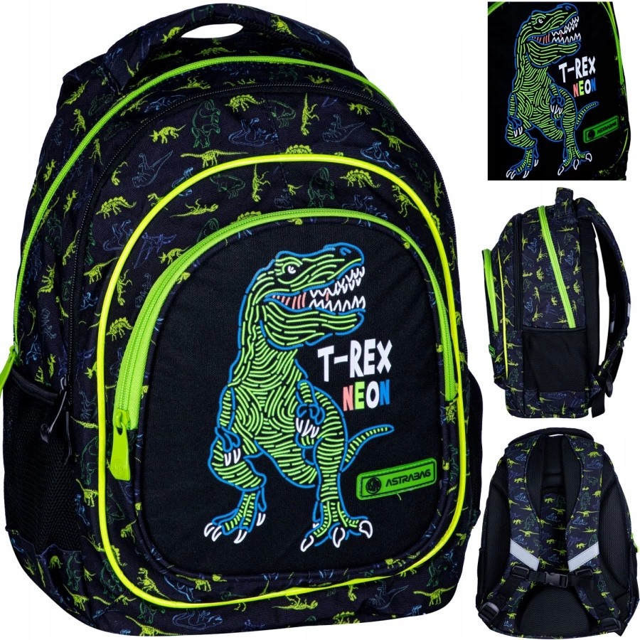 AstraBag Školský Batoh AB330 T-Rex Neon - Ideálny pre Malých Fanúšikov Dinosaurov